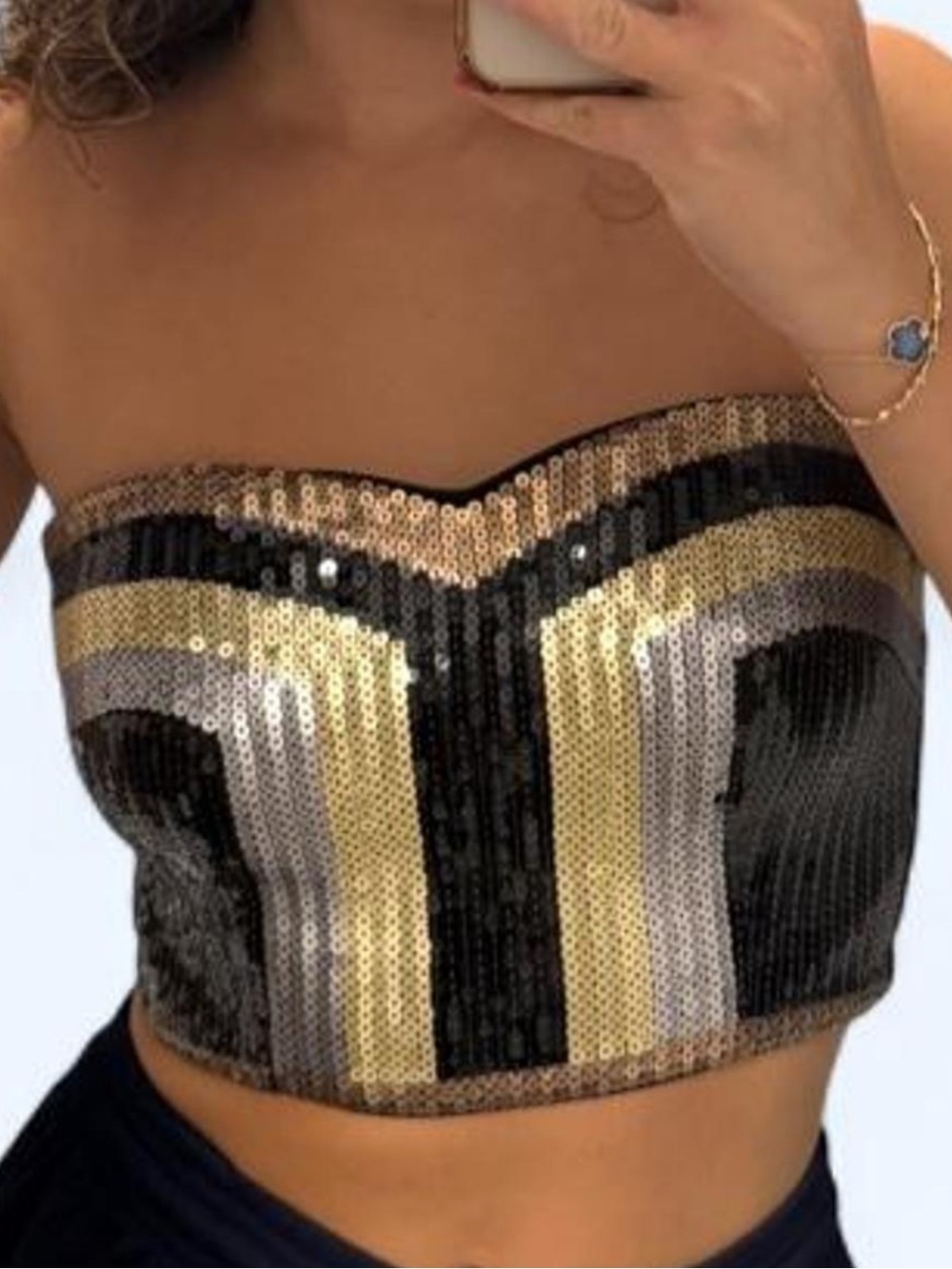 bebe Sequin Strapless Bustier Top in Gold, Black & Silver